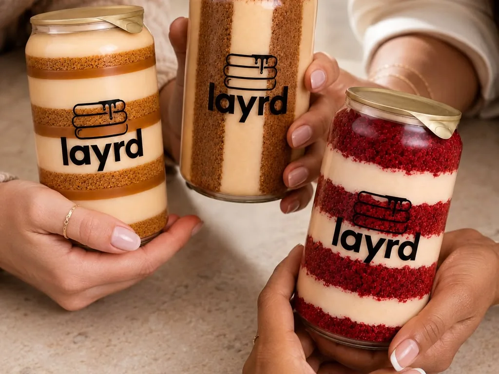 Two people at a table sharing Layrd dessert cans with gold spoons.